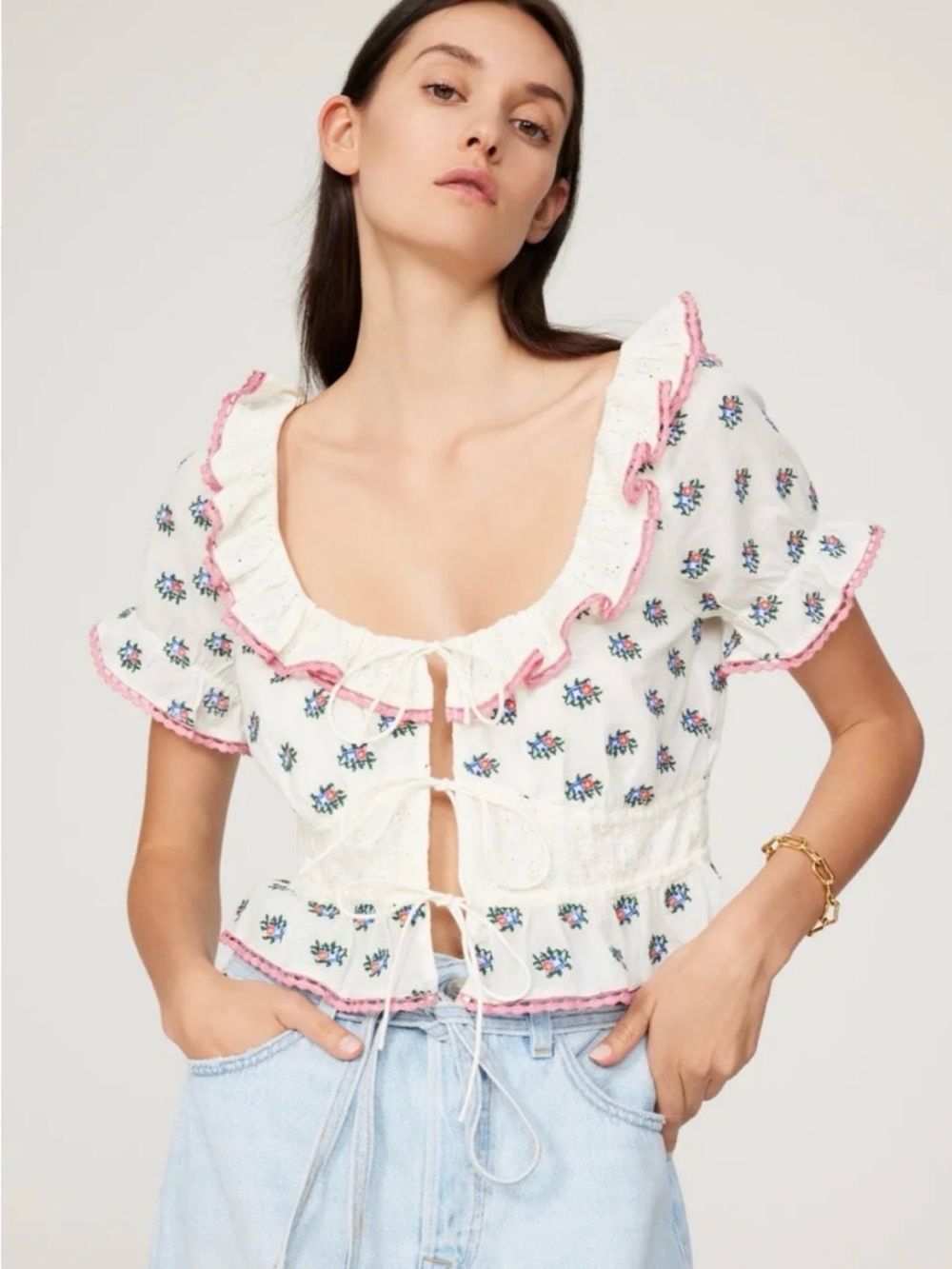 Rixo Larina White Floral Cropped Ruffle Prairie Tie-Front Top with Pink Trim